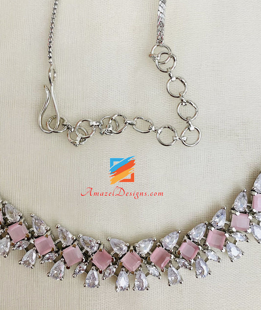 American Diamond Pink Silver Single Line Necklace