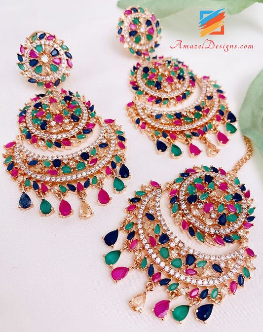 American Diamond (AD) Earrings Tikka Set