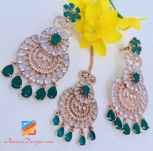 American Diamond (AD) Green Rose Gold Earrings Tikka Set