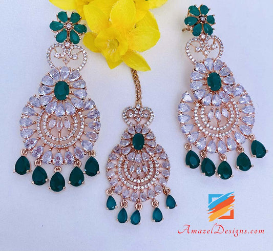 American Diamond (AD) Green Rose Gold Earrings Tikka Set