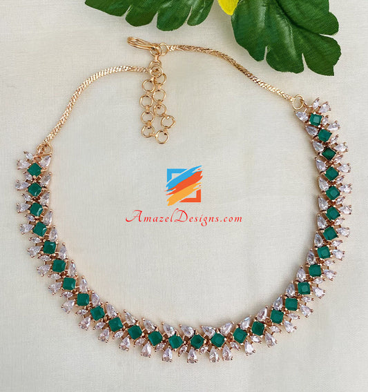 American Diamond (AD) Green Rose Gold Single Line Necklace
