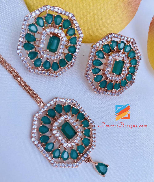 American Diamond (AD) Green Rose Gold Studs and Tikka