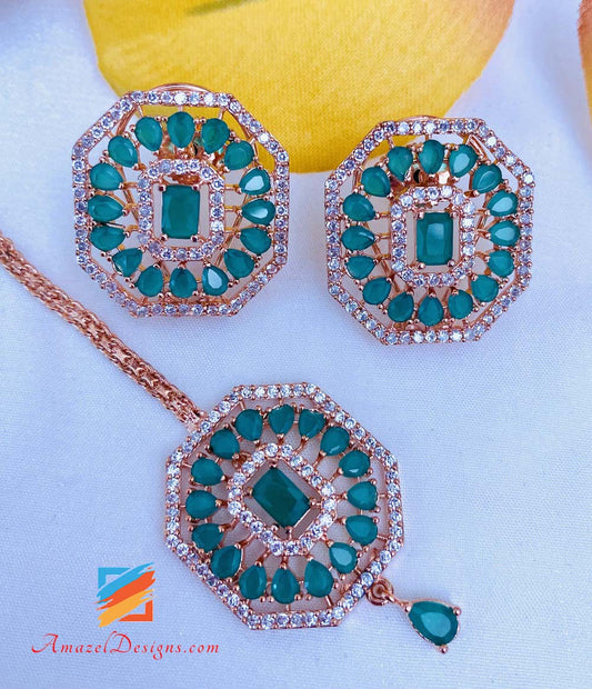 American Diamond (AD) Green Rose Gold Studs and Tikka