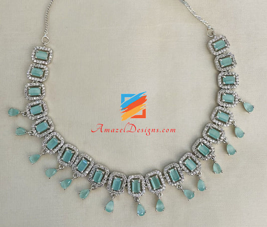 American Diamond (AD) Mint Silver Single Line Necklace