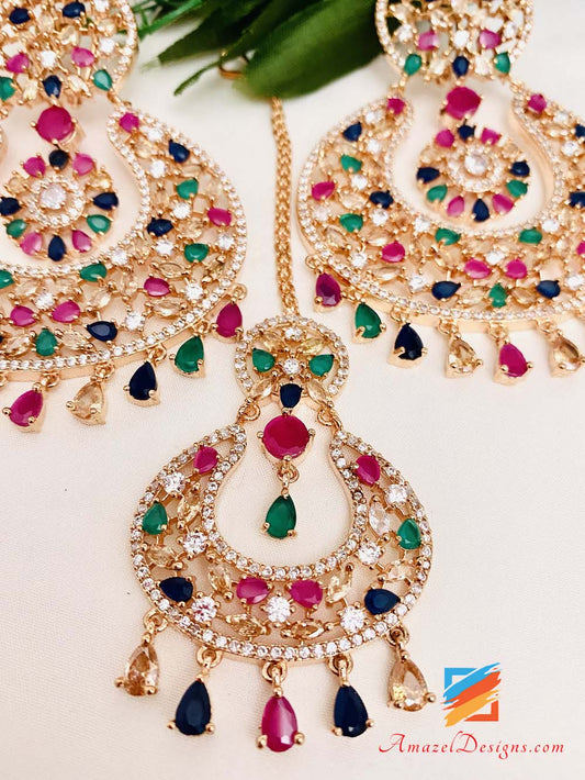 American Diamond (AD) Multicolored Earrings Tikka Set