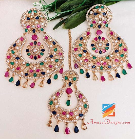 American Diamond (AD) Multicolored Earrings Tikka Set