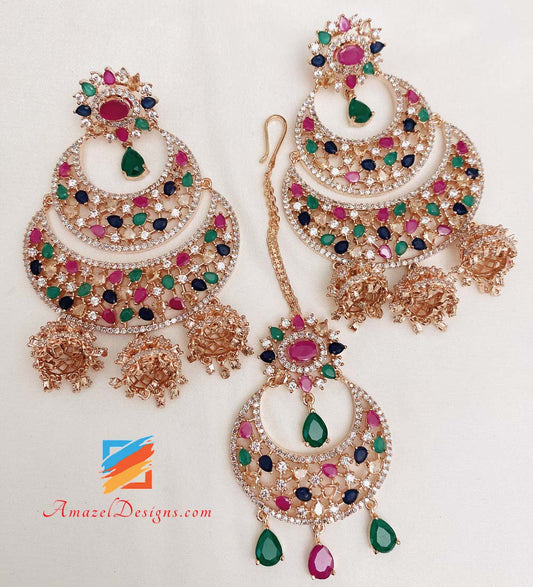 American Diamond (AD) Multicolored Earrings Tikka with small Jhumkis