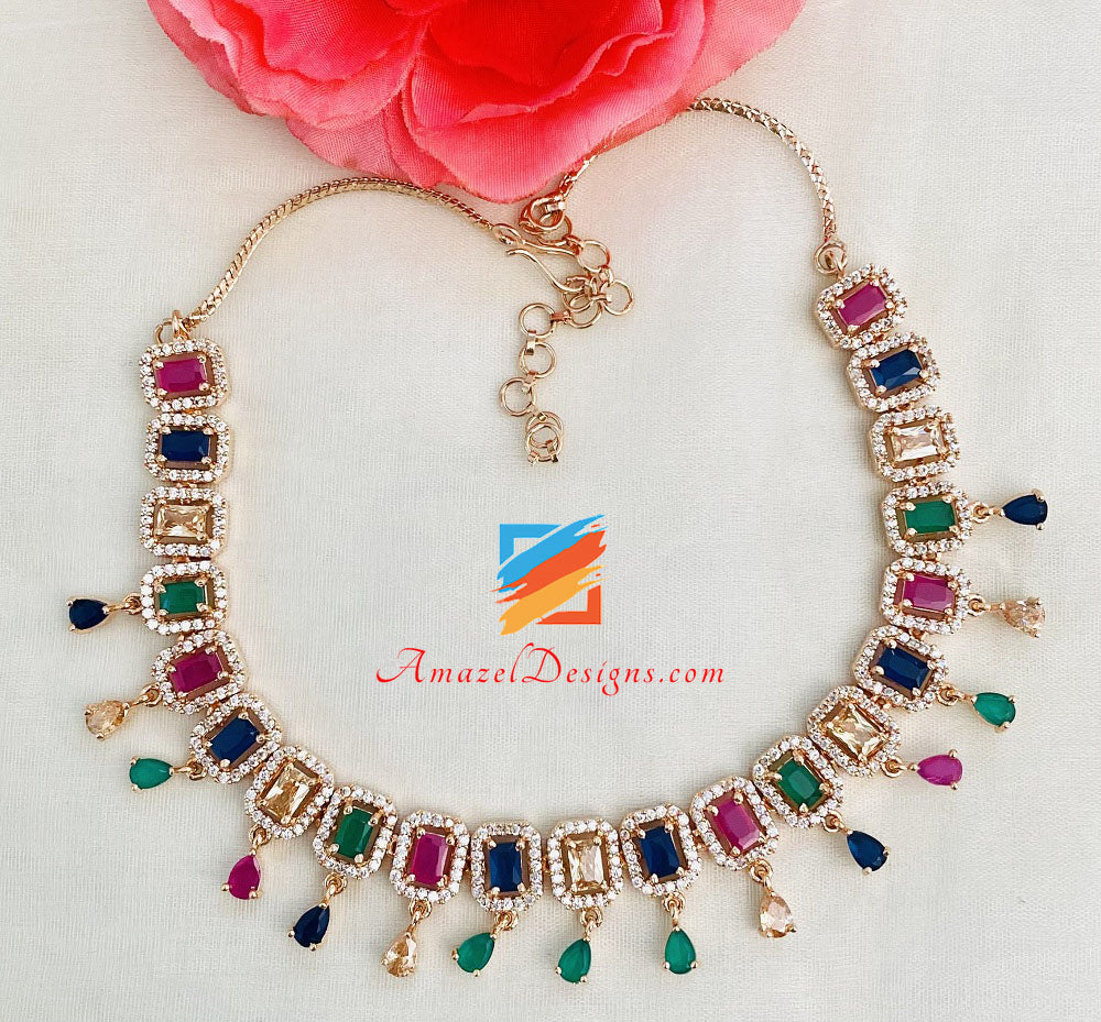 American Diamond (AD) Multicolored Single Line Necklace