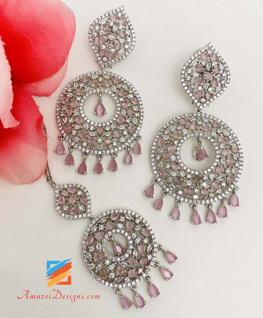 American Diamond (AD) Pink Silver Earrings Tikka Set