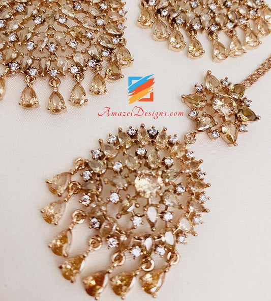 American Diamond (AD) Rose Gold Earrings Tikka Set