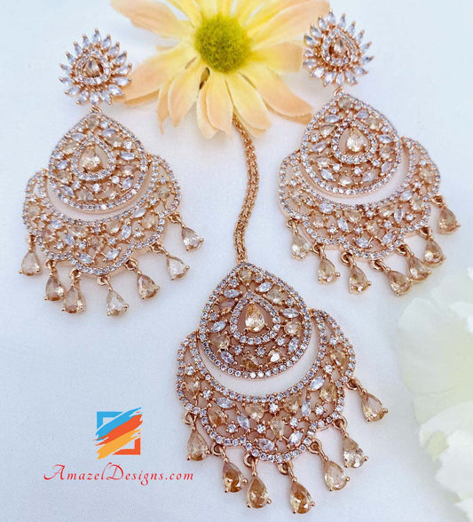 American Diamond (AD) Rose Gold Earrings Tikka Set