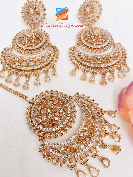 American Diamond (AD) Rose Gold Earrings Tikka Set