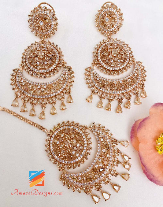 American Diamond (AD) Rose Gold Earrings Tikka Set