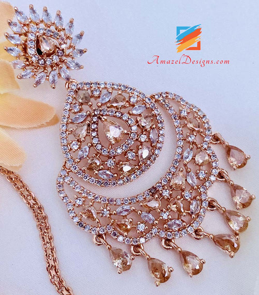 American Diamond (AD) Rose Gold Earrings Tikka Set