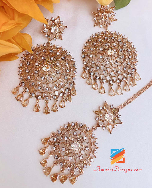 American Diamond (AD) Rose Gold Earrings Tikka Set