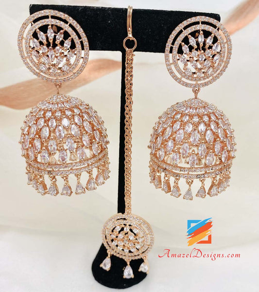 American Diamond (AD) Orecchini Jhumka in oro rosa Set Tikka 