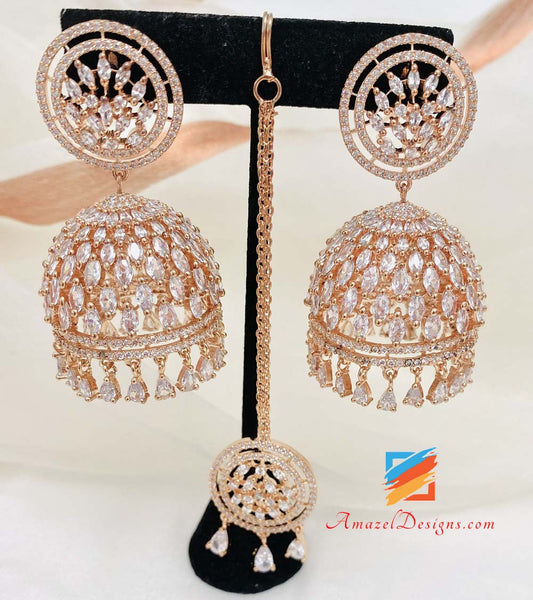 American Diamond (AD) Roségold Jhumka Ohrringe Tikka Set 