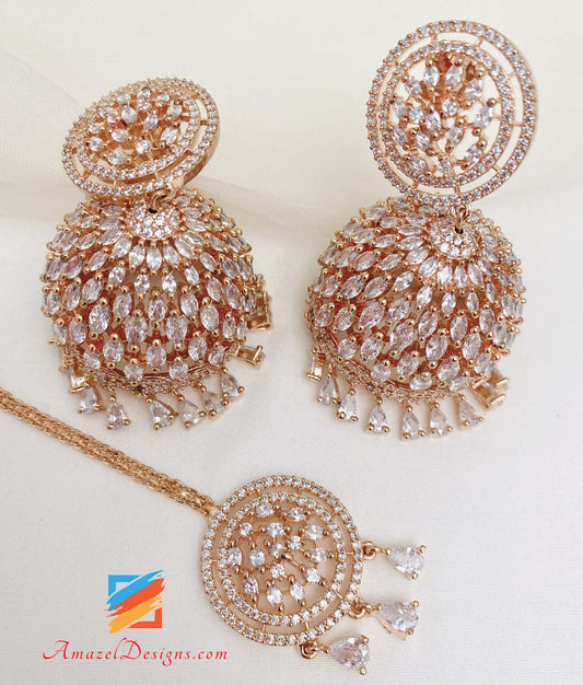 American Diamond (AD) Roségold Jhumka Ohrringe Tikka Set 