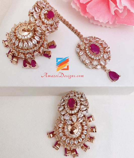 American Diamond (AD) Roségold Magenta Kleines Jhumki Tikka-Set 