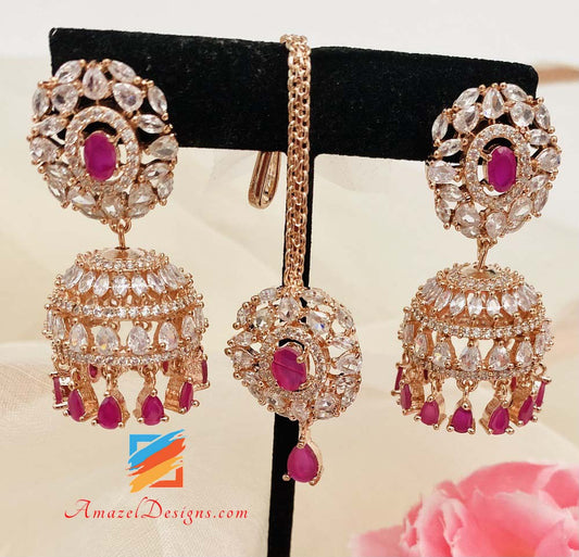 American Diamond (AD) Roségold Magenta Kleines Jhumki Tikka-Set 