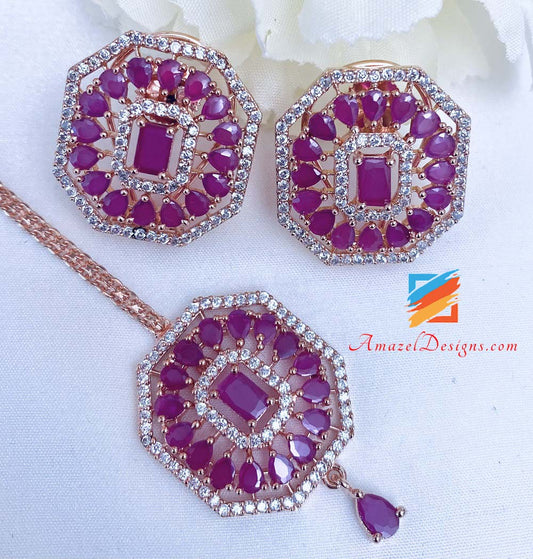 American Diamond (AD) Rose Gold Hot Pink Magenta Studs and Tikka Set