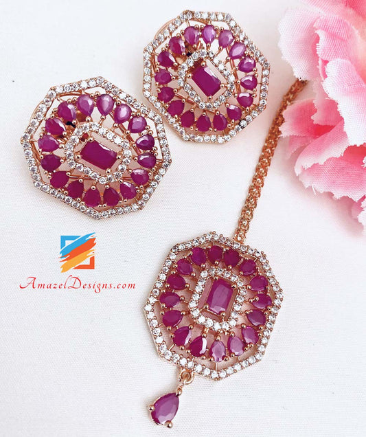 American Diamond (AD) Rose Gold Hot Pink Magenta Studs and Tikka Set