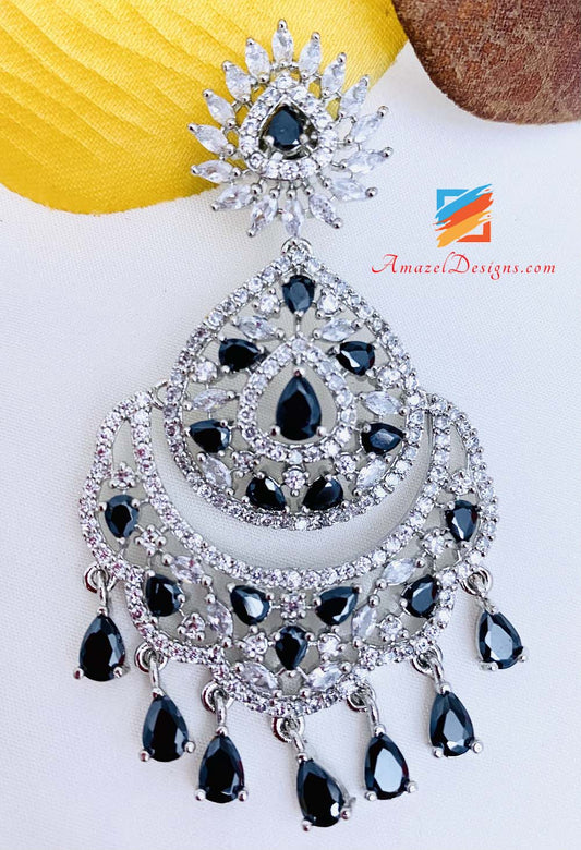 American Diamond (AD) Silber Schwarz Ohrringe Tikka Set 