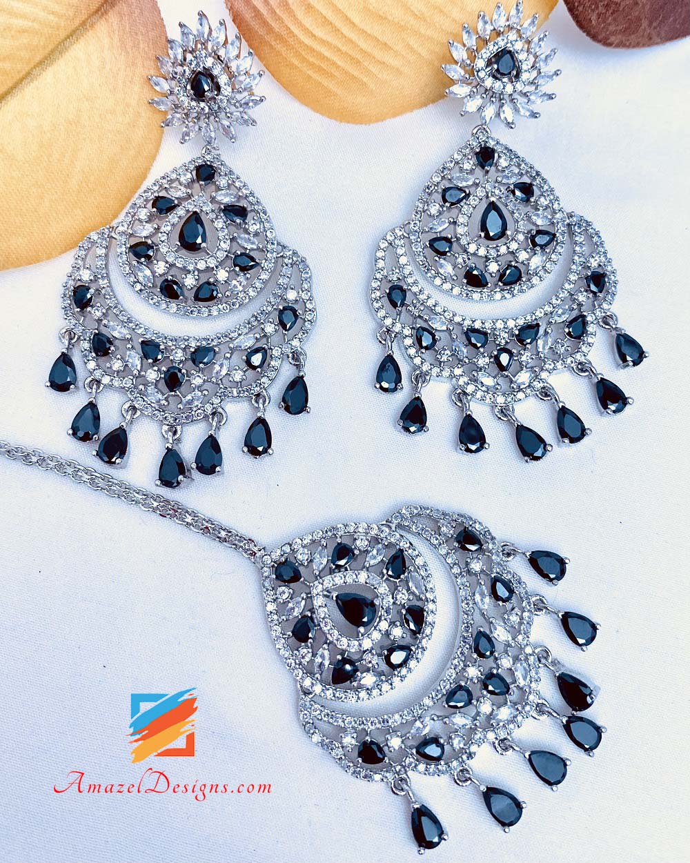 American Diamond (AD) Silver Black Earrings Tikka Set