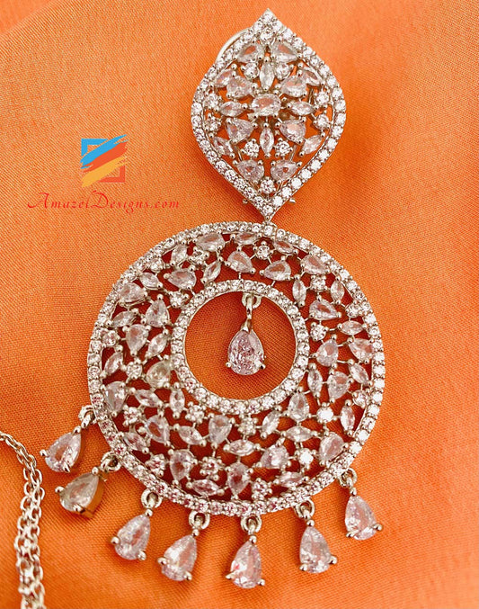 American Diamond (AD) Silver Earrings Tikka Set