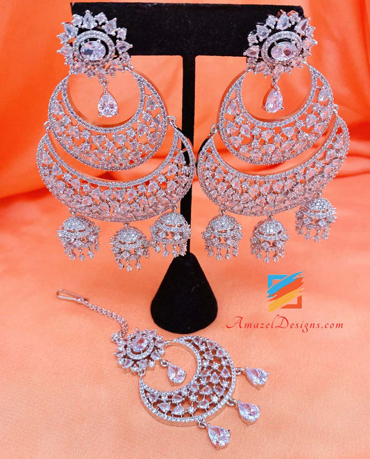 American Diamond(AD) Silver Earrings Tikka Set Small Jhumkis