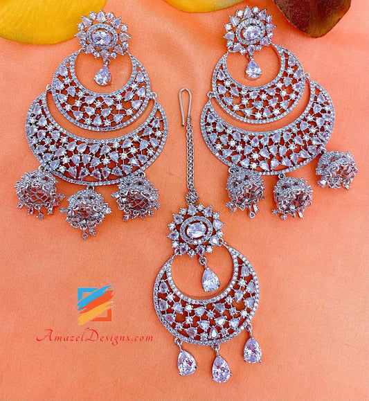 American Diamond(AD) Silver Earrings Tikka Set Small Jhumkis