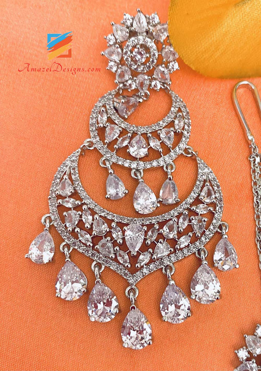 American Diamond (AD) Silver Earrings Tikka Set