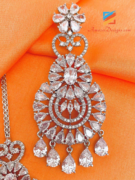 American Diamond (AD) Silver Earrings Tikka Set