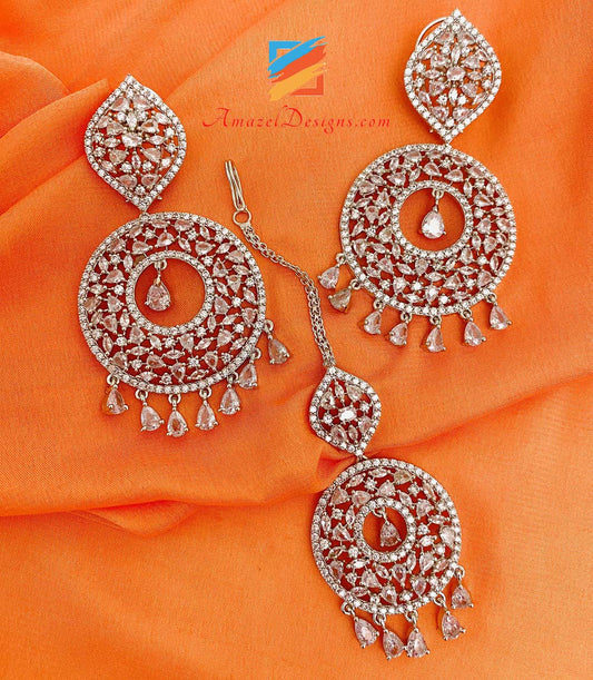 American Diamond (AD) Silver Earrings Tikka Set