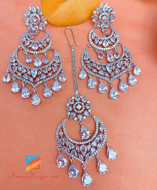 American Diamond (AD) Silver Earrings Tikka Set