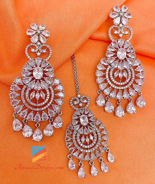 American Diamond (AD) Silver Earrings Tikka Set