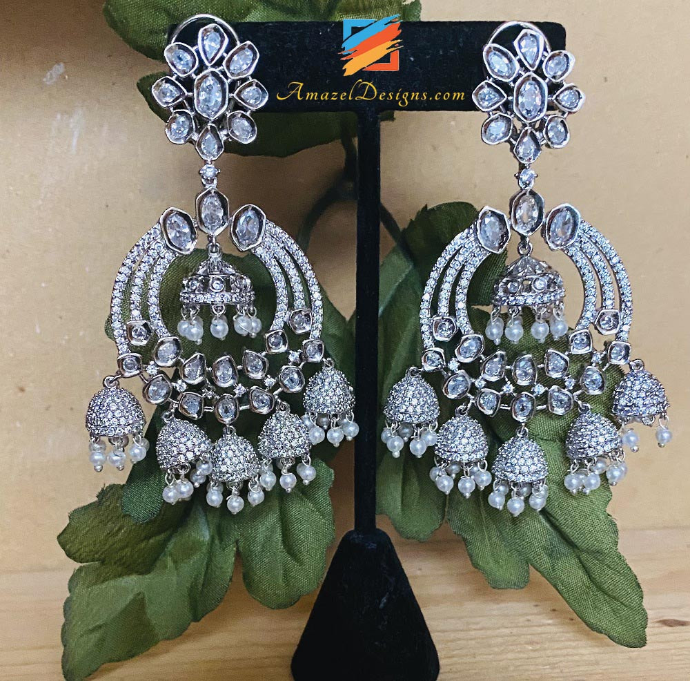 American Diamond Earrings with Navy Blue Stone studded in Silver Metal