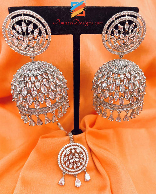 American Diamond (AD) Silver Jhumka Earrings Tikka Set