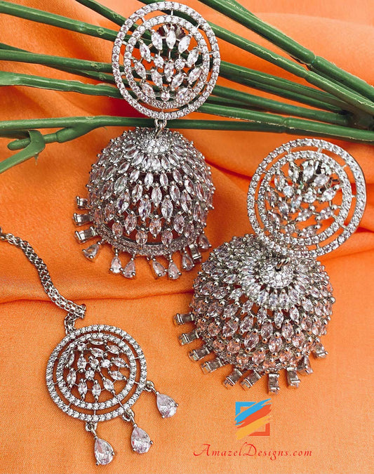 American Diamond (AD) Silver Jhumka Earrings Tikka Set