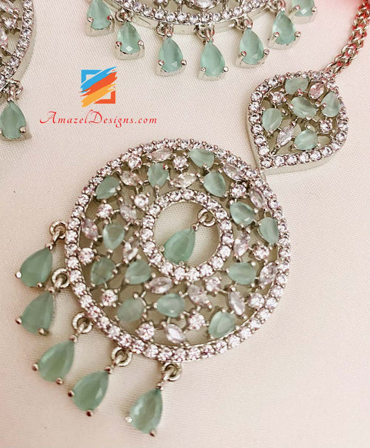 American Diamond (AD) Silver Mint Earrings Tikka Set