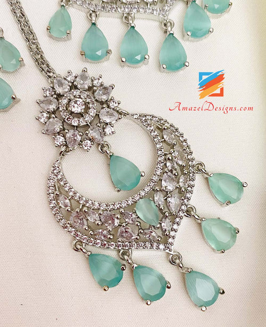 American Diamond (AD) Silver Mint Earrings Tikka Set