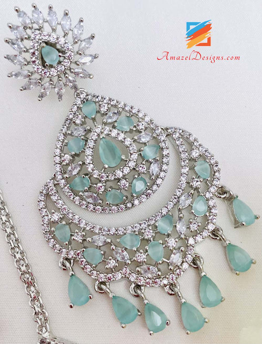 American Diamond (AD) Silver Mint Earrings Tikka Set