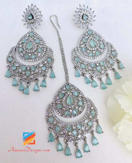 American Diamond (AD) Silver Mint Earrings Tikka Set