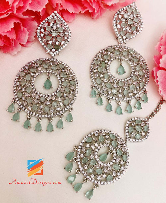 American Diamond (AD) Silver Mint Earrings Tikka Set