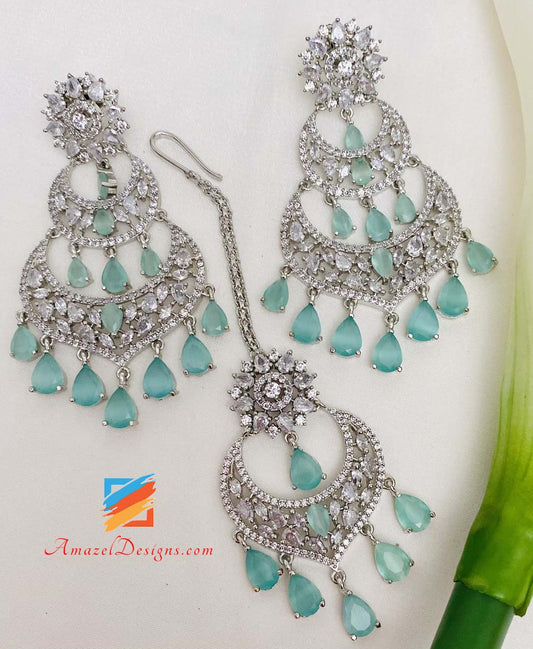 American Diamond (AD) Silver Mint Earrings Tikka Set