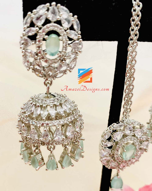 American Diamond (AD) Silver Mint Jhumki Tikka Set