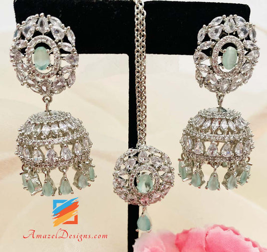 American Diamond (AD) Silver Mint Jhumki Tikka Set