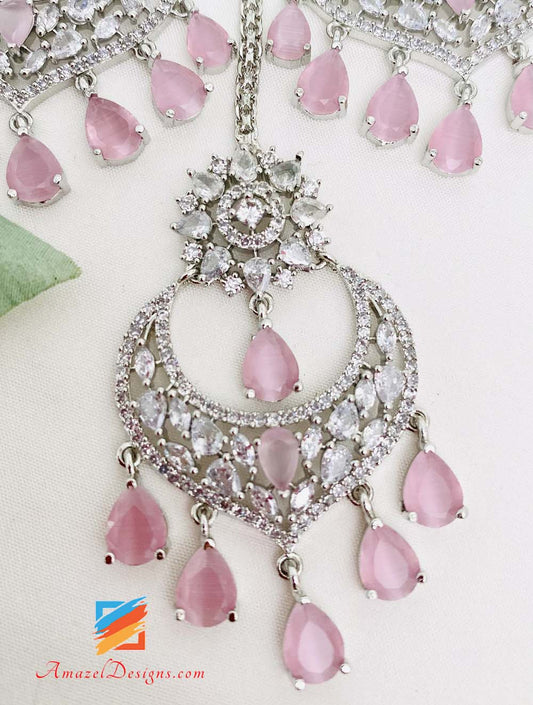 American Diamond (AD) Silber Rosa Ohrringe Tikka Set 