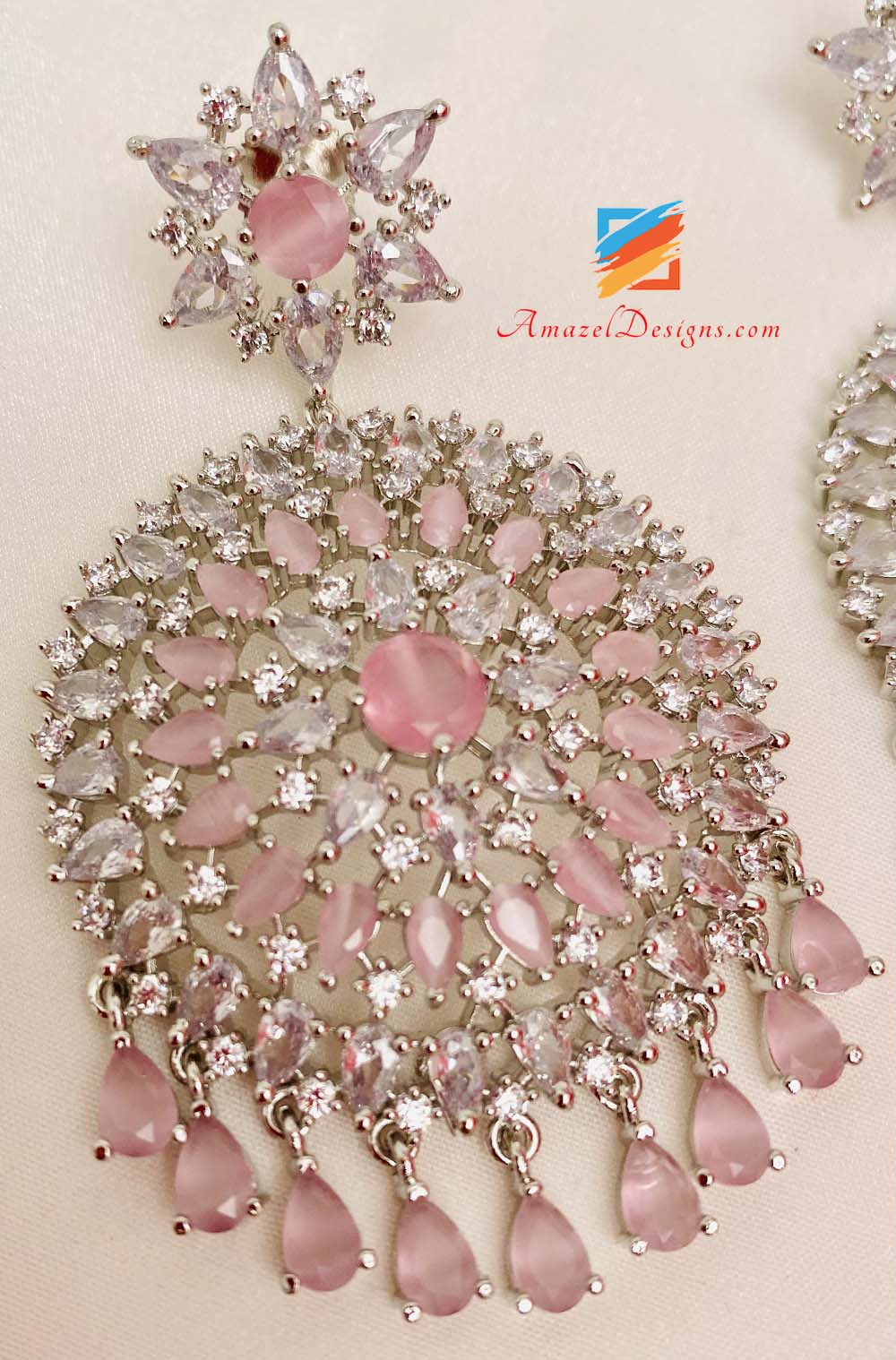 American Diamond (AD) Set di orecchini Tikka in argento rosa 