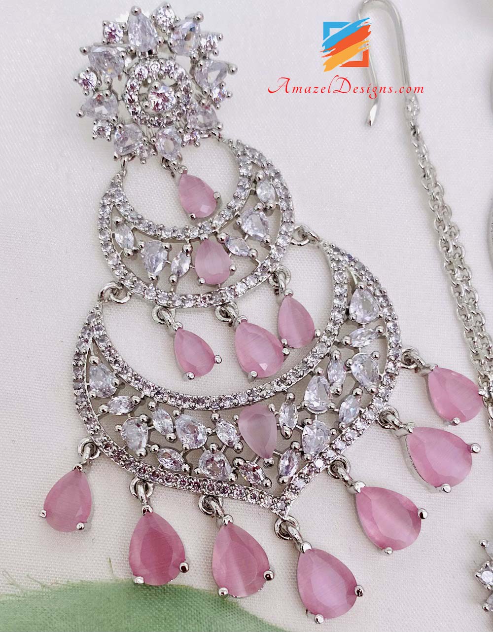 American Diamond (AD) Silver Pink Earrings Tikka Set